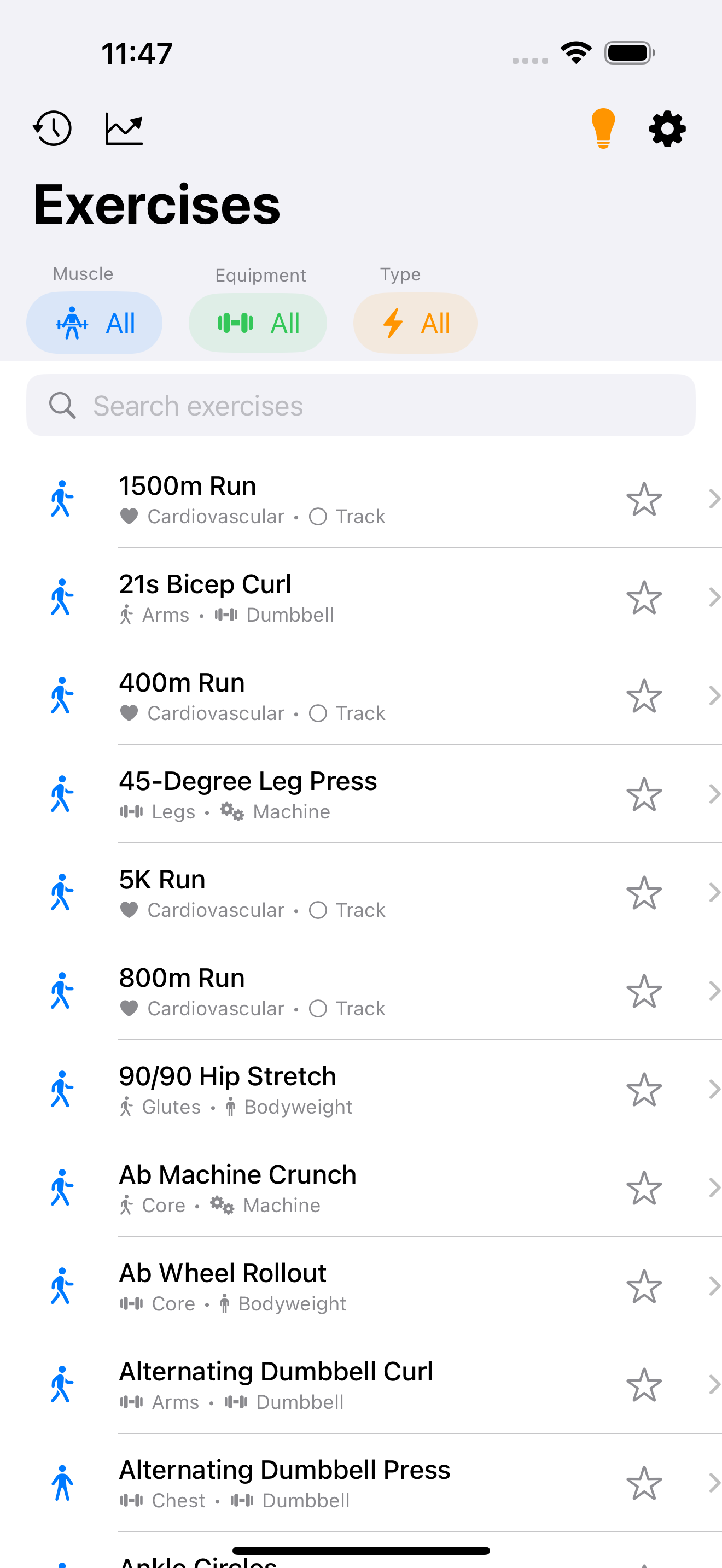 Exercise list with instant search and filters