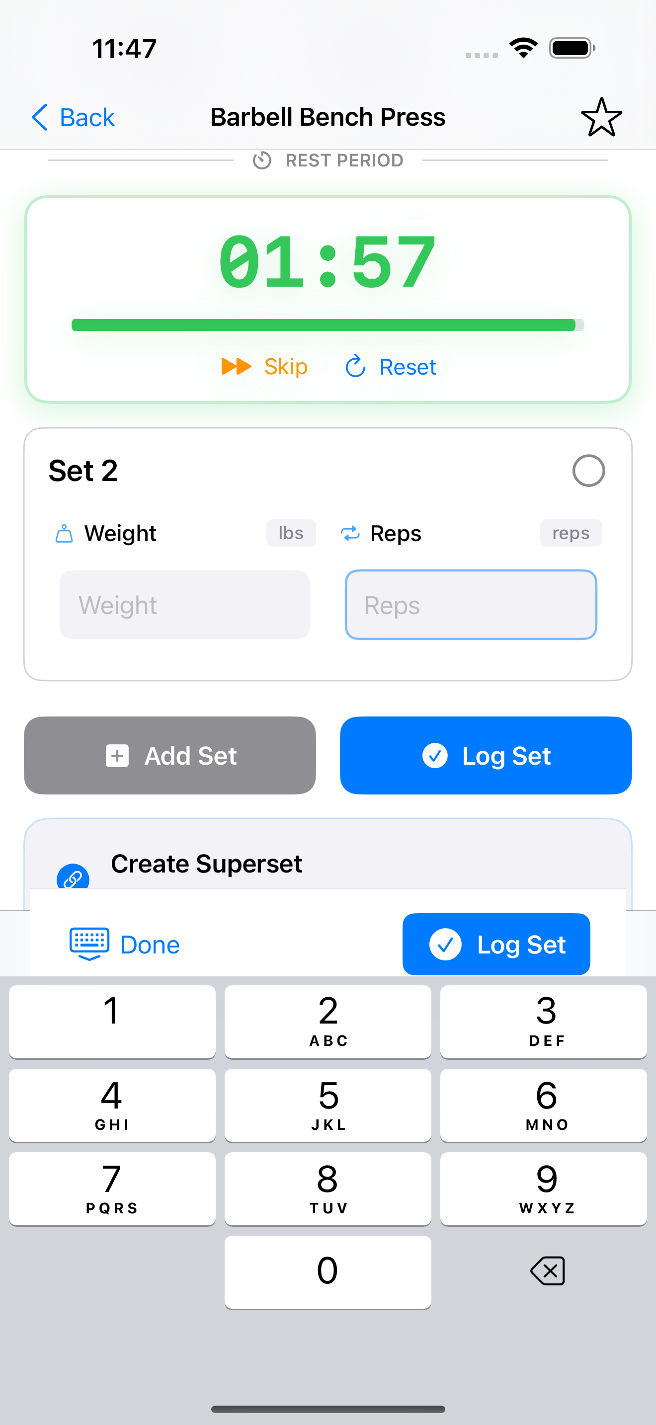 Logging sets with rest timer running