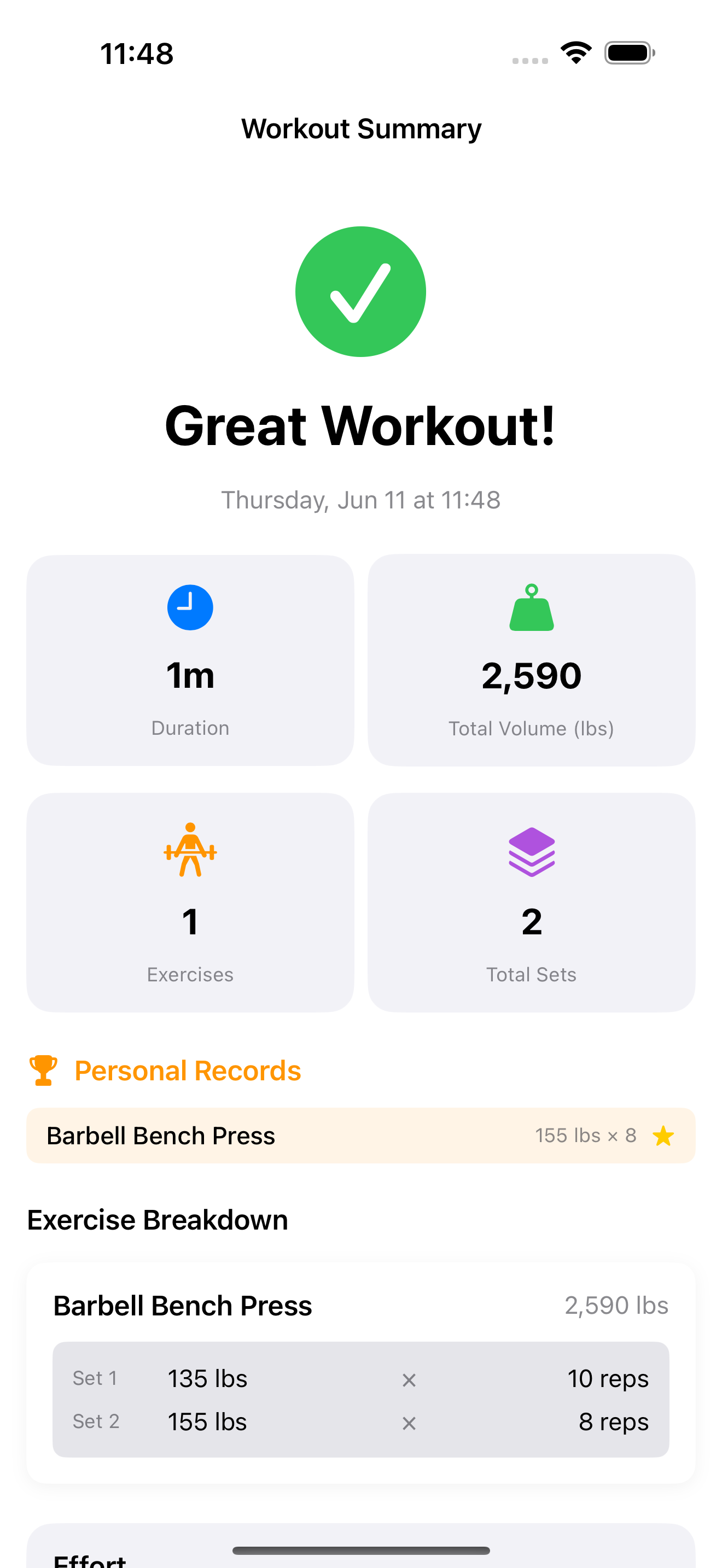 Workout summary with stats and personal records